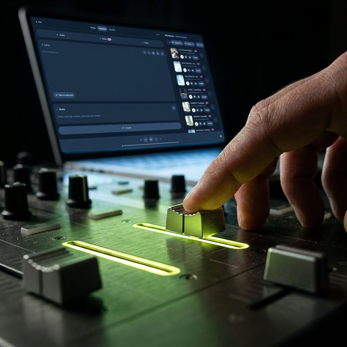 Close-up van een mengpaneel met lichtgevende faders en een laptop met audiosoftware